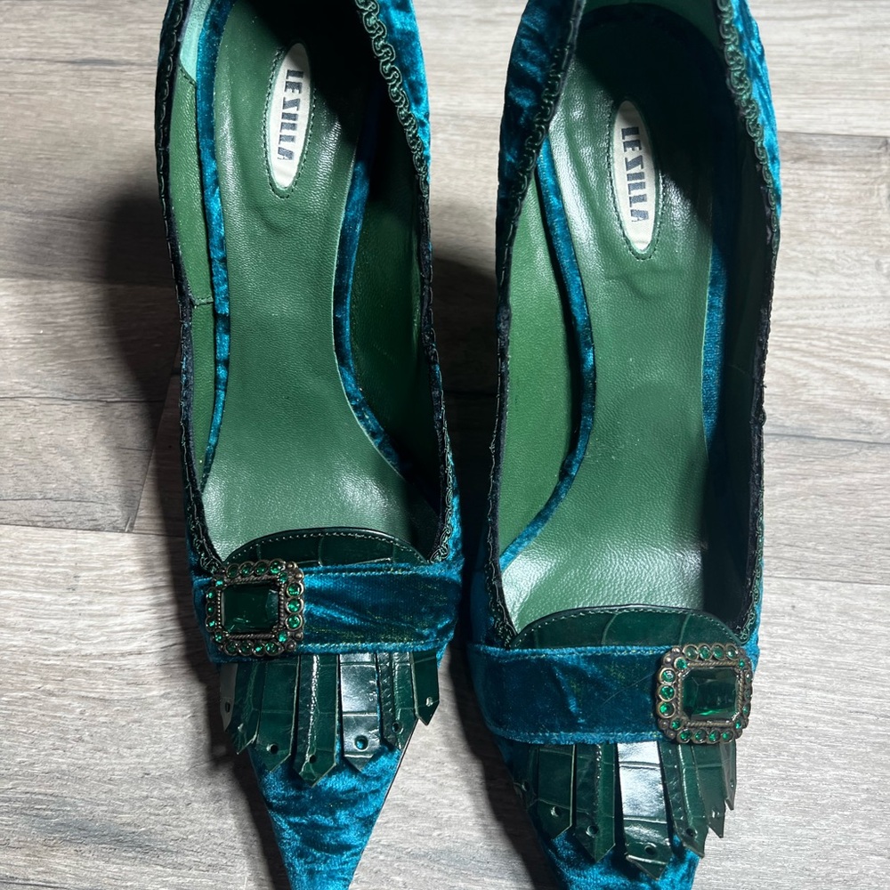 Le Silla Teal Velvet Pointed Toe Kitten Heel Pumps 37.5 - Picture 7 of 16